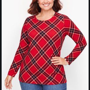 The Talbots Tee Red Plaid Long Sleeve Cotton Top